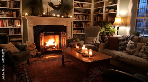 Cozy living room with a crackling fireplace