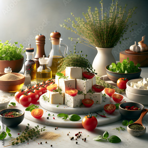 Shanklish Cheese Salad with Tomatoes on Marble Counter photo