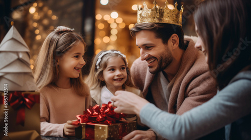 Family exchange gifts on the Three Kings Day photo