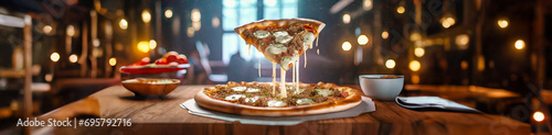 Banner image.Pizza and slices hovering in the air. the cheese will melt dripping from the slice of pizza.National Pizza day backdrop wallpaper. photo
