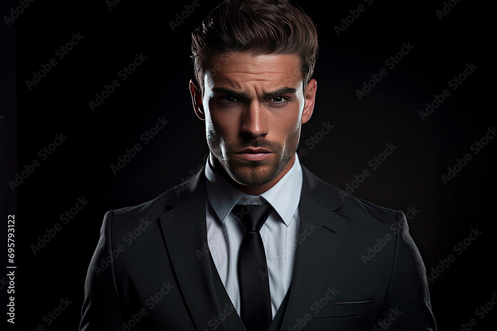 Portrait of elegant man boss model in stylish trend suit looking in camera Portrait of elegant man boss model in stylish trend suit looking in camera