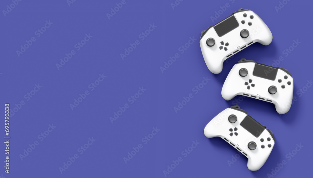Realistic white video game joysticks or gamepads on violet background Realistic white video game joysticks or gamepads on violet background