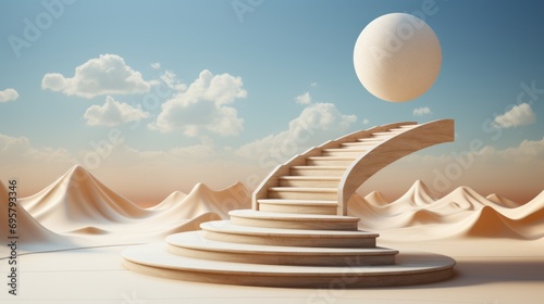 Ascending a round staircase in the desert, the sky above filled with billowing clouds as a solitary sphere hangs in the outdoor expanse photo