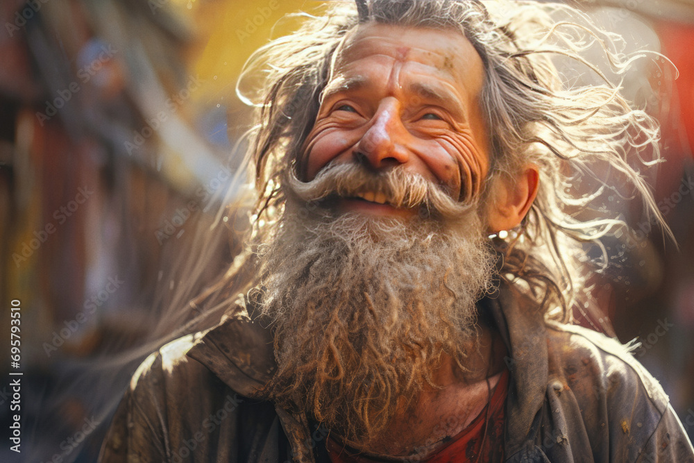 Portrait of senior beggar man with a dreamy look and hope for a bright future