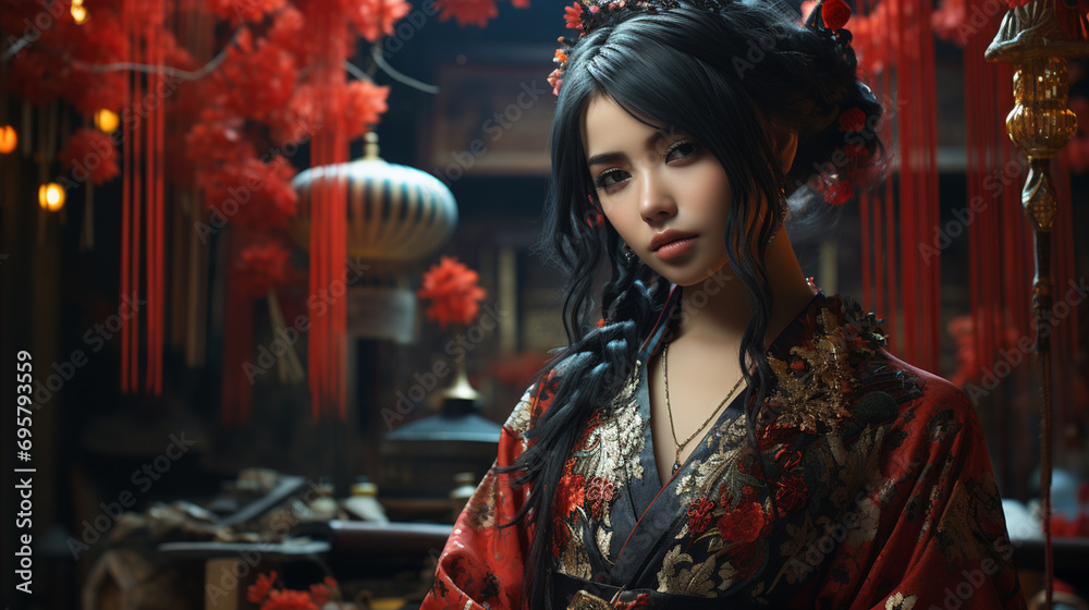 A graceful woman in a vibrant red kimono adorned with delicate flowers, exudes elegance and sophistication as she poses indoors, showcasing her fashion sense and cultural roots A graceful woman in a vibrant red kimono adorned with delicate flowers, exudes elegance and sophistication as she poses indoors, showcasing her fashion sense and cultural roots