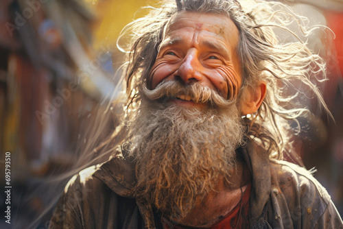 Portrait of senior beggar man with a dreamy look and hope for a bright future