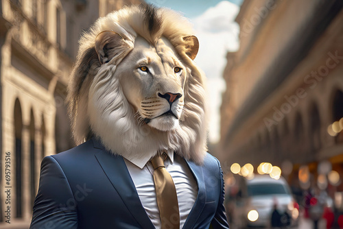 A man with a lion's head, dressed in a suit in a business city. With a serious, defiant attitude.
