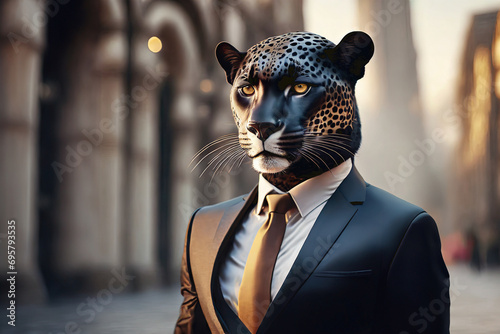 A man with the head of a panther, dressed in a suit in a business city. With a serious, defiant attitude.
