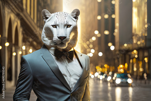 A man with the head of a panther, dressed in a suit in a business city. With a serious, defiant attitude.