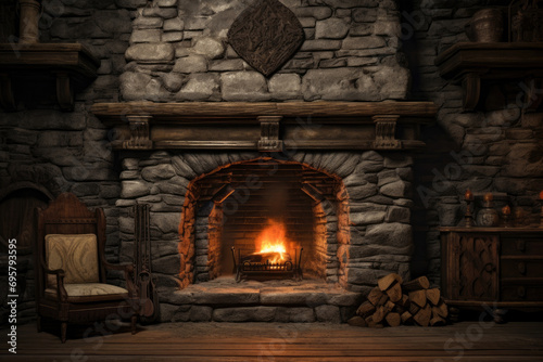 Stone fireplace in comfortable cozy room photo