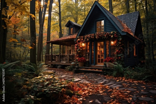A cozy cabin in the woods with autumn leaves all around