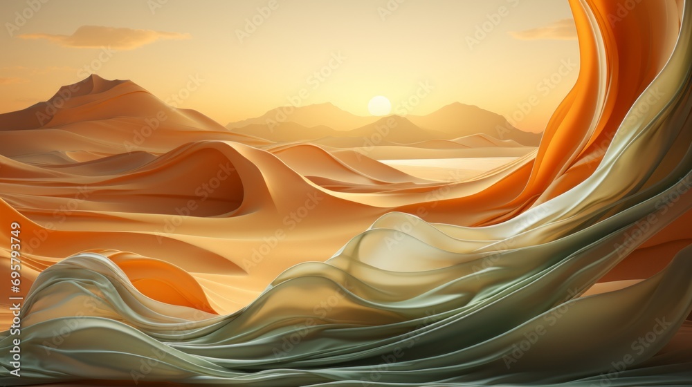 An awe-inspiring painting of a desert landscape, with towering mountains and a breathtaking sunset, captured in vibrant shades of amber and sunrise hues