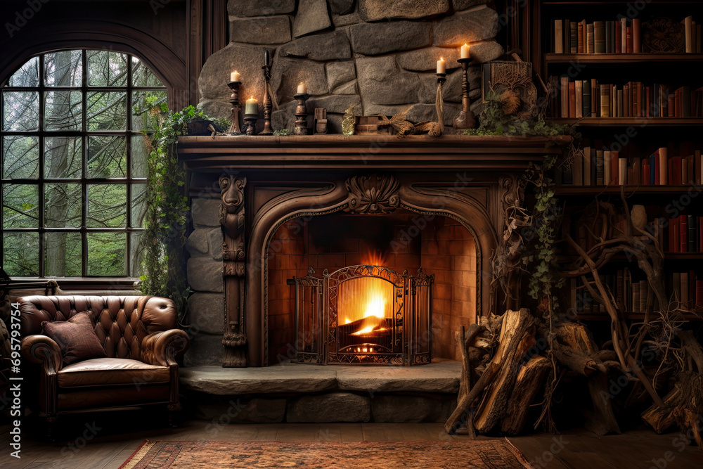 Stone fireplace in comfortable cozy room Stone fireplace in comfortable cozy room
