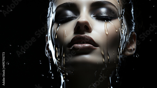 A mesmerizing portrait of a woman, adorned with head covering and delicate eyelashes, captured in midst of a dark and haunting rain, as water cascades down her face in graceful display of emotion
