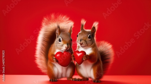 A humorous Valentine's Day, love, and wedding celebration concept greeting card featuring a cute red squirrel couple holding a red heart against a red background © Matthew