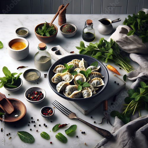 Peruvian Black Mint and Lamb Dumplings on Marble Counter photo