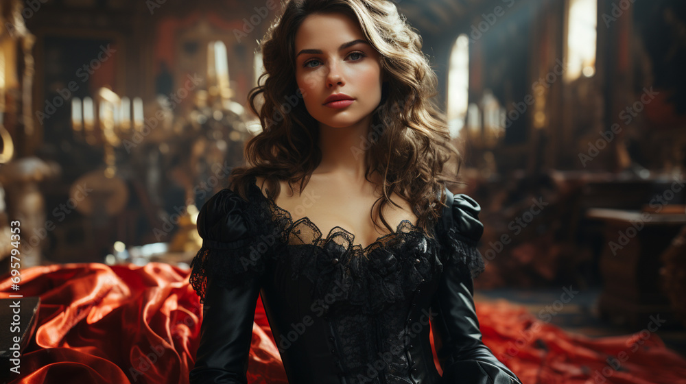 A stylish lady with long hair wears a striking black dress, exuding confidence and elegance in an indoor setting A stylish lady with long hair wears a striking black dress, exuding confidence and elegance in an indoor setting