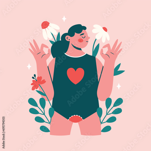 Woman during menstruation standing in panties and showing okay sign surrounded plants, flowers. Cartoon illustration with girl, female period. Women power concept. Flat modern design for banner, card.
