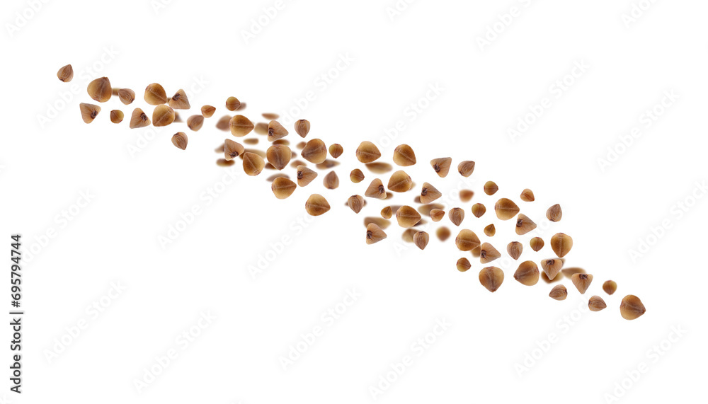 Buckwheat flying on white background. Grains in air Buckwheat flying on white background. Grains in air