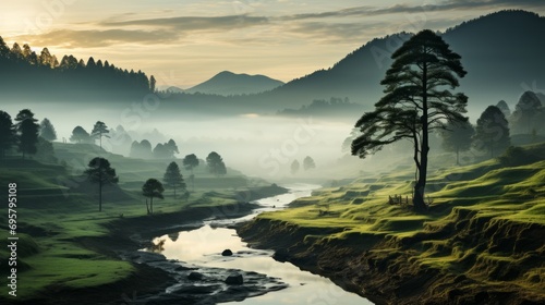 A majestic river flows through a lush valley, surrounded by towering trees and mist-covered mountains under a colorful sky, capturing the tranquil beauty of nature