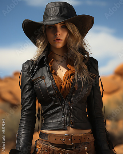 A stylish woman stands confidently under the open sky, wearing a black leather jacket and a fedora hat, exuding a cool and edgy fashion sense