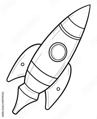 Outline rocket ship with fire. Isolated on white. Flat line icon. Vector illustration with flying rocket. Space travel. Project start up sign. Creative idea symbol. Black and white.