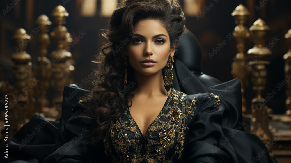 A striking female figure in a sleek black dress commands attention with her captivating human face, exuding confidence and style through her impeccable fashion choices and stunning makeover A striking female figure in a sleek black dress commands attention with her captivating human face, exuding confidence and style through her impeccable fashion choices and stunning makeover