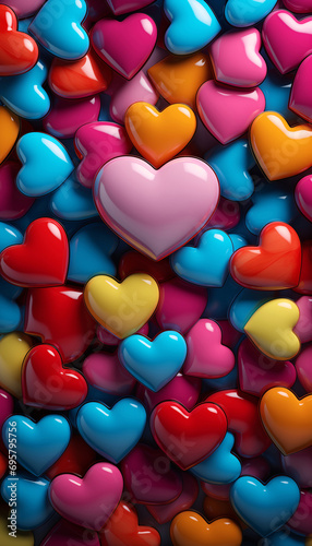 many colorful hearts are placed on a gray background