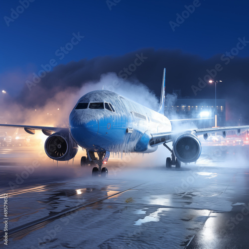 Aircraft undergoing deicing procedures at the airport before departure