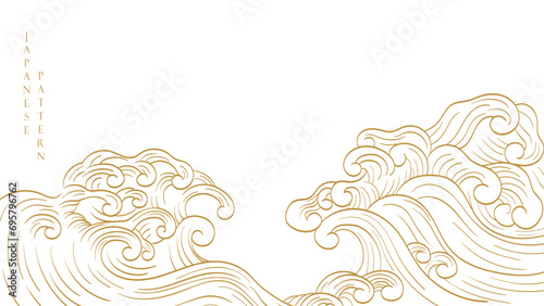 Set of hand drawn wave with Japanese pattern vector. Oriental decoration with logo design, flyer or presentation in vintage style.  photo