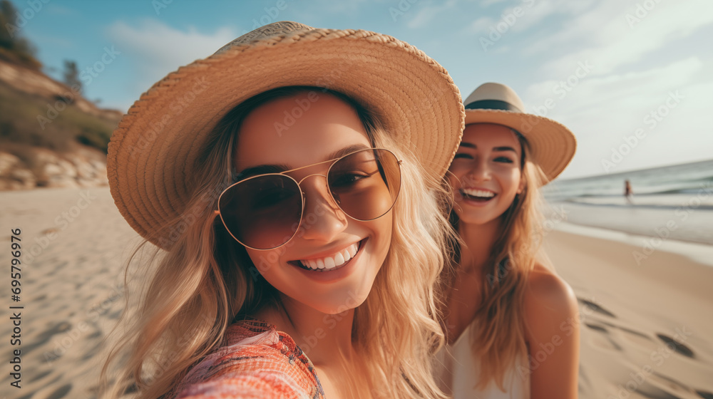 Portrait of beautiful two young woman in casual wearing straw hat at seaside. Cheerful young woman smiling at beach during summer vacation. Happy girl with brown hair and freckles enjoying the sun.