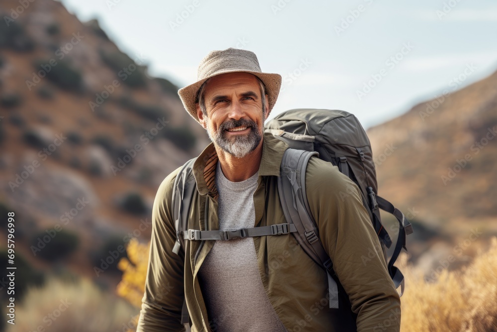 Adventurous middle-aged man hiking in mountain terrain Adventurous middle-aged man hiking in mountain terrain