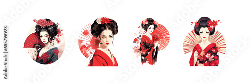 Beautiful Japanese Geisha Holds Red Fan. Vector illustration design.