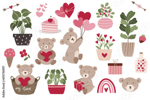 Valentine's day clipart set, vector hand drawn illustration of cute teddy bears on white background, collection of decorative elements for cards, posters, flyers, clothing, baby and nursery products