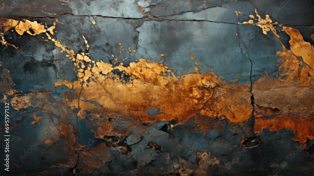 A mesmerizing abstract painting evoking feelings of decay and beauty, with a striking blue and gold cracked surface resembling rusted metal