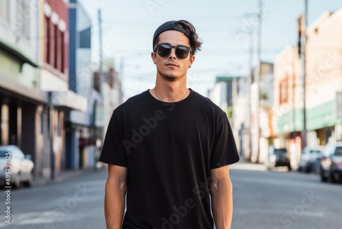 Boy in black tee, downtown area, casual street style, daylight ambiance