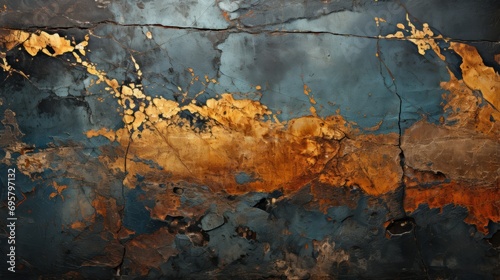 Obraz na płótnie A mesmerizing abstract painting evoking feelings of decay and beauty, with a striking blue and gold cracked surface resembling rusted metal w salonie
