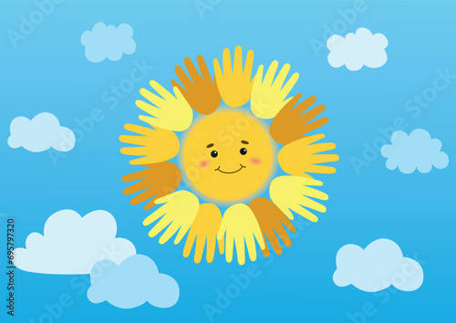 A picture of the sun with multicolored hands of different nationalities around like rays and clouds. It symbolizes peace, kindness and a bright sky around