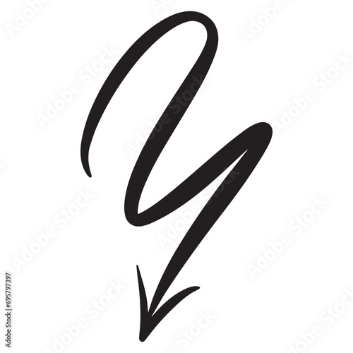 Handmade, arrow pointing down. Hand-held swipe drawing for the design of infographics, web, information. Isolated vector