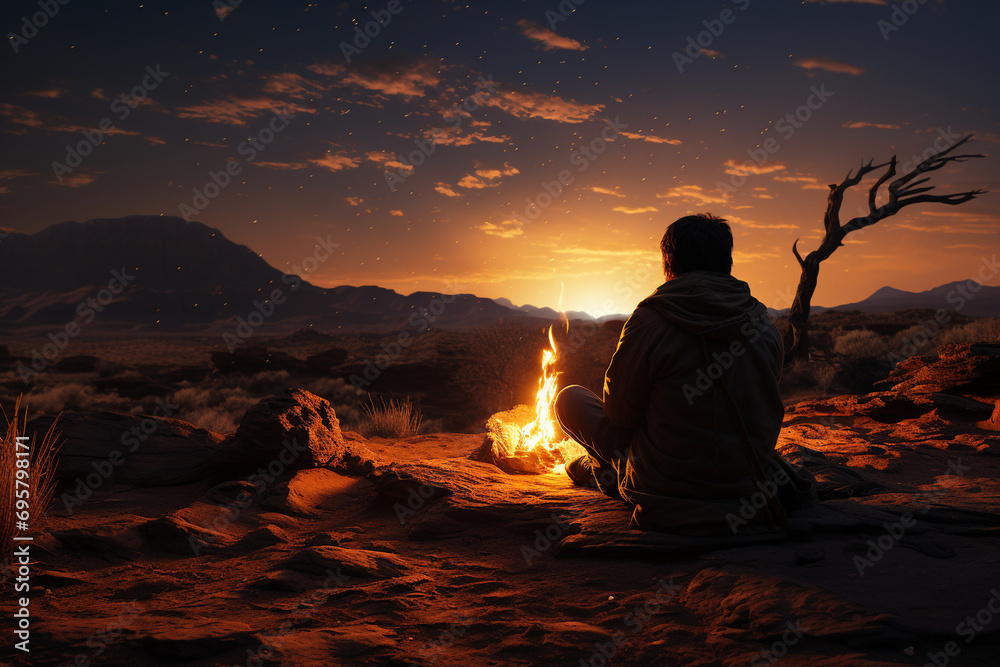 wanderer sitting by a solitary campfire, casting cinematic shadows on the desert sands as the night falls in a photo
