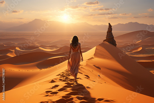 wanderer amidst towering sand dunes, highlighting the isolation and beauty of the desert environment in a cinematic-style photo