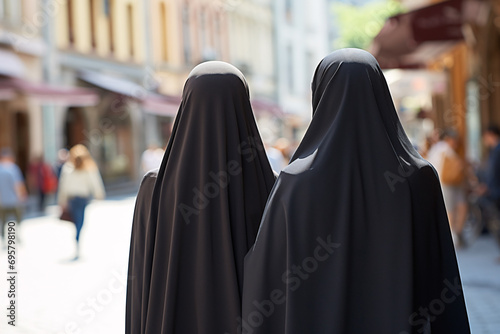 Back view of two women covered with black Muslim Niqab face veil in city street