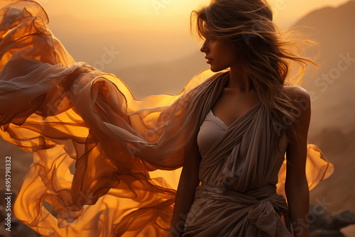 wanderer through the folds of a flowing desert scarf at sunset, creating a mysterious and cinematic composition in a photo