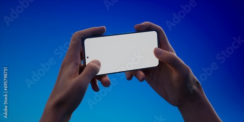 Caucasian man holding phone on a vivid blue background, blank screen mockup