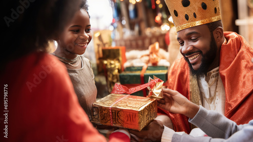 Foto Afroamerican family exchange gifts on the Three Kings Day