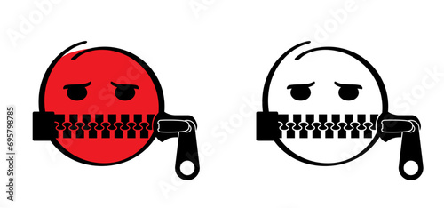 Cartoon mouth, zipper face. Zip fastener with zipper puller. Keeping quiet, silence concept. Keep a secret icon. zippered mouth. closed or open Zippers. Unzip, zipper locks. No speak or talking.