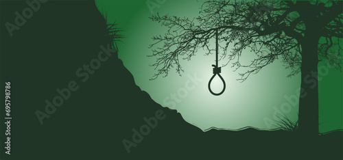 Gallows with rope noose. Line pattern. Rope loop. Gallows hanging noose rope and tied knot. Rope knotted in noose. Hangman knot. Halloween, dead icon. support and depression therapy suicide concept.