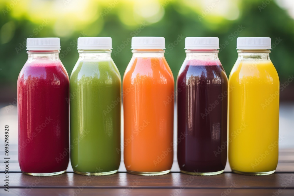 Detox juices displayed on a wooden table. Detox juices displayed on a wooden table.