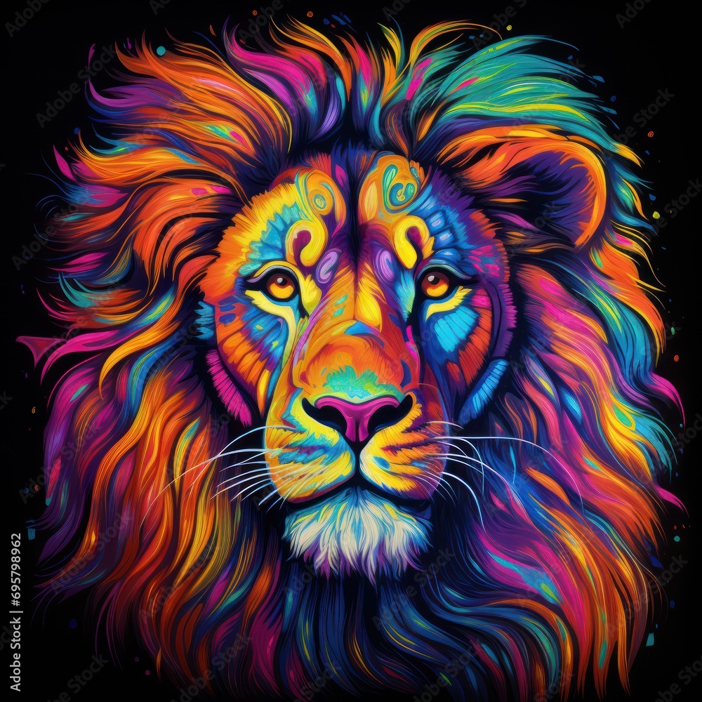 Blacklight painting-style lion, lion pop art illustration