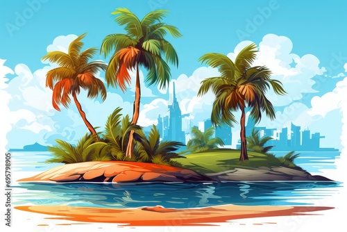 Tropical island with palm trees. Summer vacation illustration.